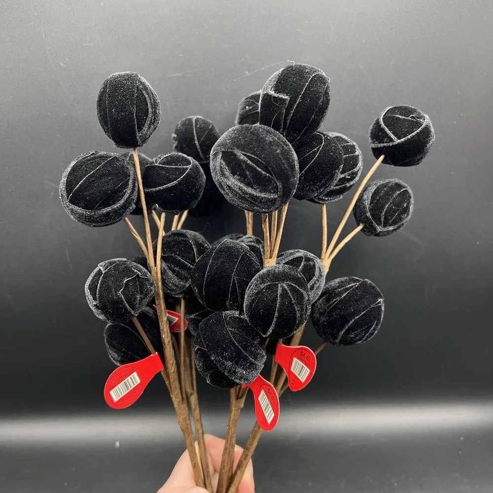 Black Velvet Ball Pick Artificial Floral Stem Deco Floral NEW ~ Set of 5 Stems